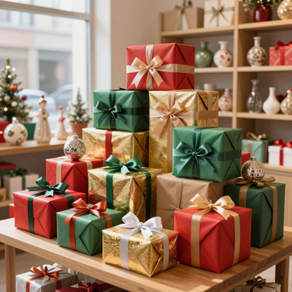 Regalos de Navidad envueltos apilados sobre una mesa de madera en una sala de estar festiva.