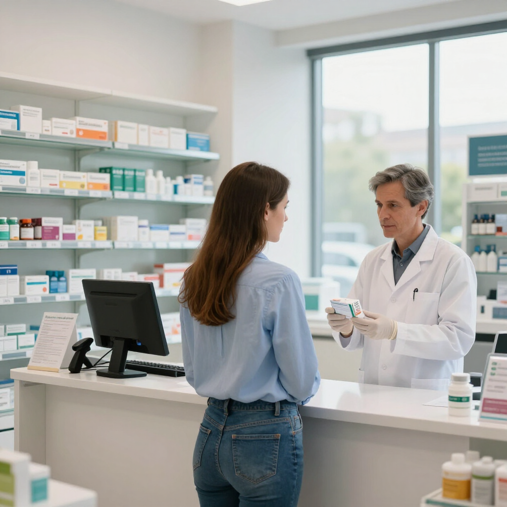Cliente hablando con el farmacéutico en el mostrador de una farmacia, con estantes de medicamentos al fondo.