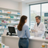 Farmacéutico atendiendo a un cliente en un mostrador de farmacia bien iluminado, sosteniendo un frasco de medicamento.