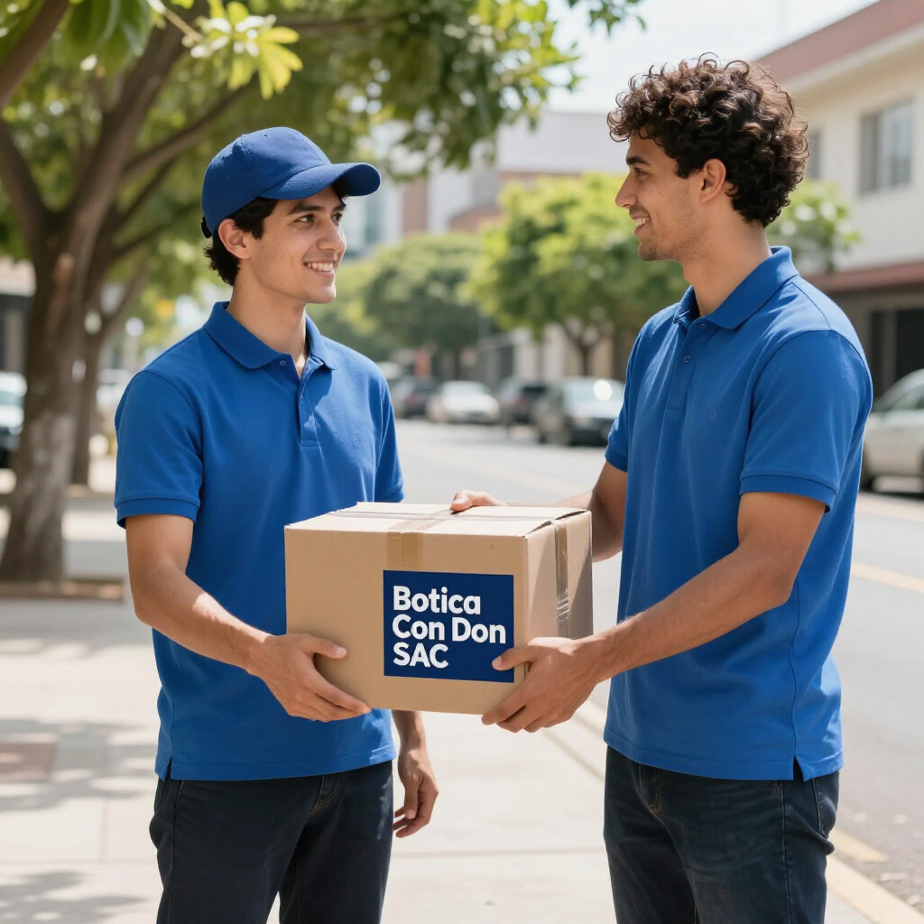 Dos trabajadores con camisas azules intercambian una caja con la etiqueta