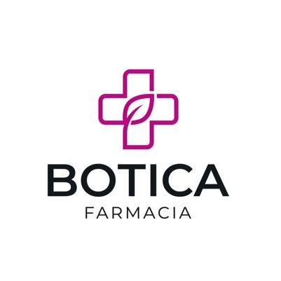 Logotipo de Botica Farmacia con cruz médica magenta e icono de hoja sobre fondo blanco