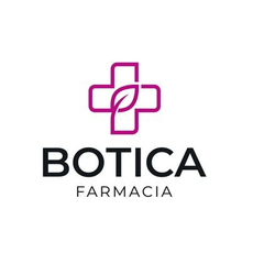 Logotipo de Botica Farmacia con cruz médica magenta e icono de hoja sobre fondo blanco