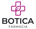 Logotipo de Botica Farmacia con una cruz magenta y texto negro sobre fondo blanco.