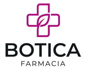 Logotipo de Botica Farmacia con una cruz magenta y texto negro sobre fondo blanco.
