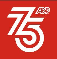A white ADP logo and the number 75 on a solid red background, commemorating the company's 75th anniversary.