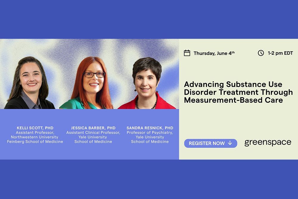 Banner for substance use disorder treatment webinar, with three headshots and a blue sign-up button