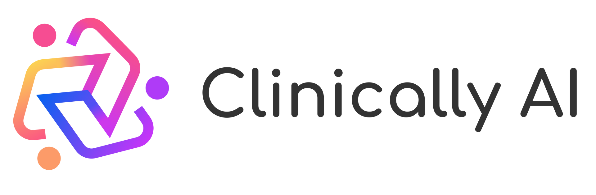 Logo for Clinically AI, featuring a stylized icon of three interconnected shapes in orange, pink, and blue, next to text.