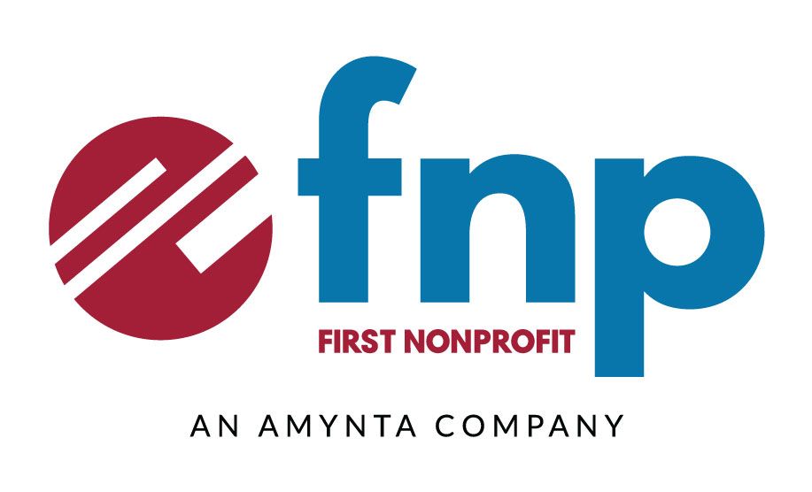 Logo for First Nonprofit (FNP), featuring a red circular icon with white diagonal stripes and blue text.