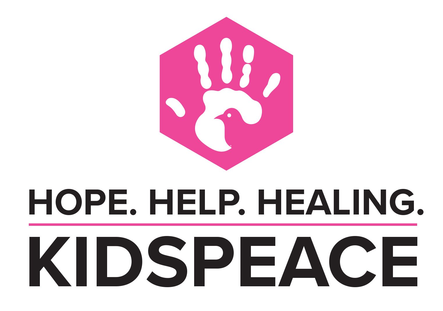 Hope. Help. Healing. KIDSPEACE. With pink hexagon with kid's hand in the center