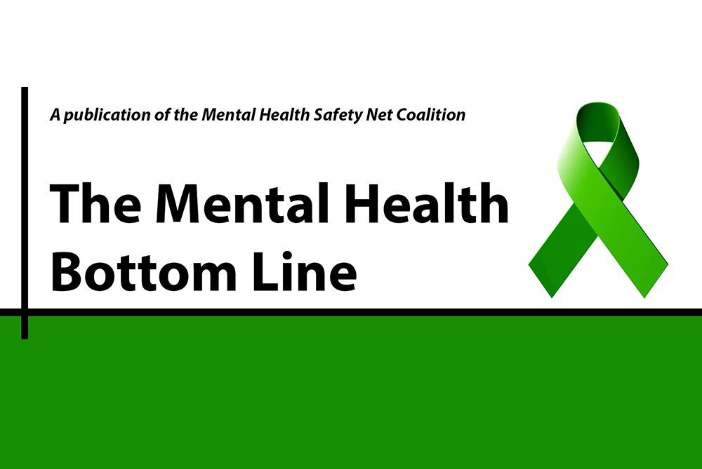Green ribbon and Mental Health Bottom Line text above thick green border