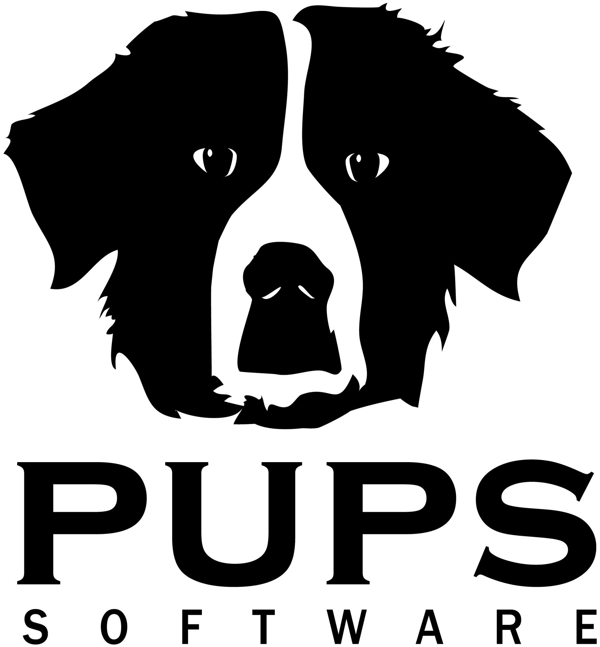Logo for PUPS SOFTWARE featuring a black-and-white graphic of a dog's head with a white blaze.