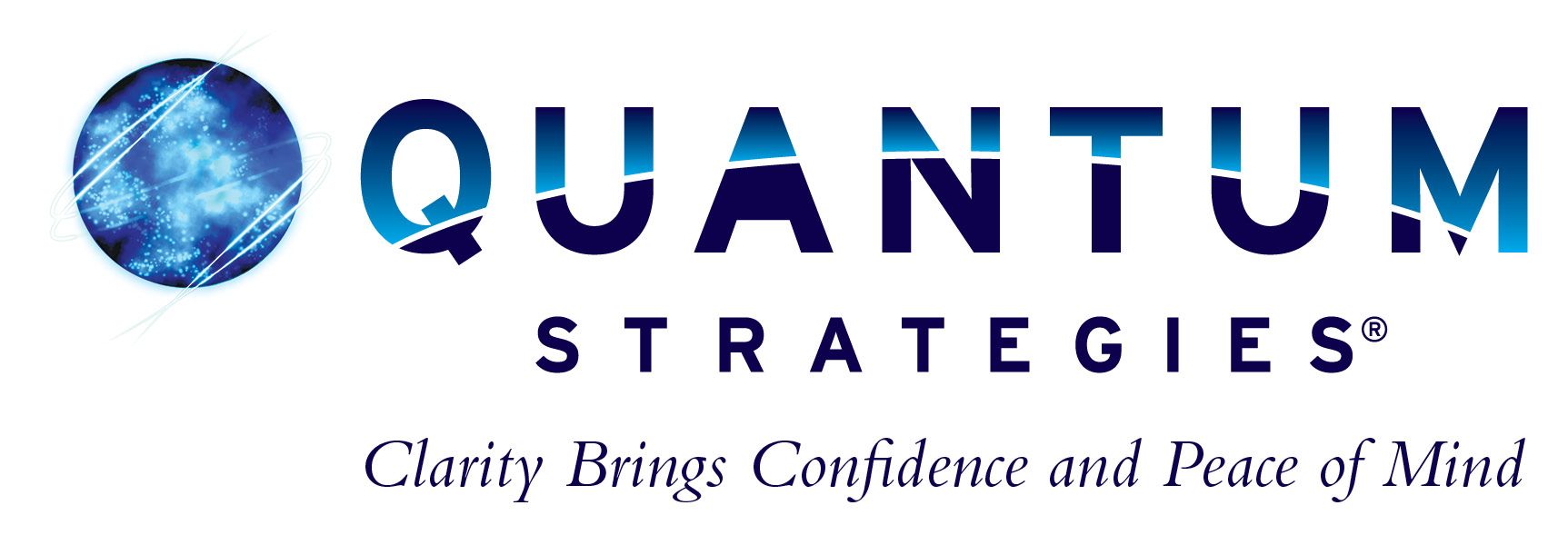Logo for Quantum Strategies featuring a blue abstract circular icon next to the company name and tagline.