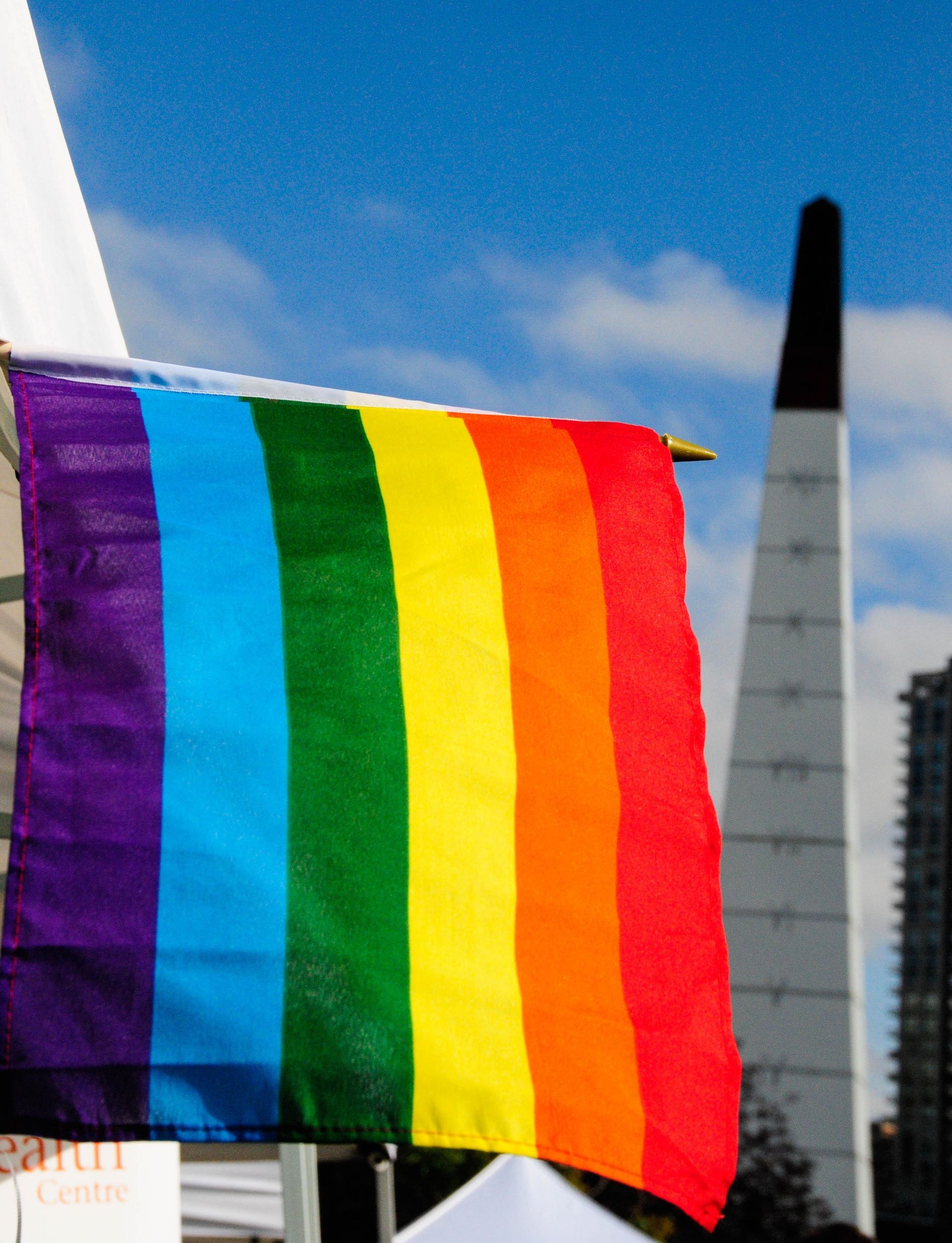 Pride flag hanging downward from pole