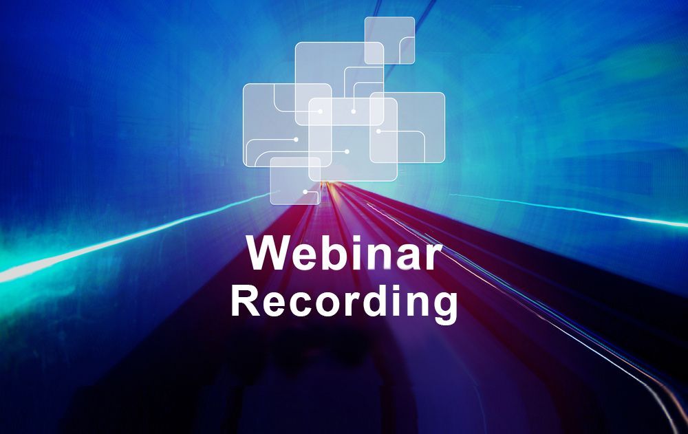 Webinar recording text over a blue and purple motion-streak background with abstract squares