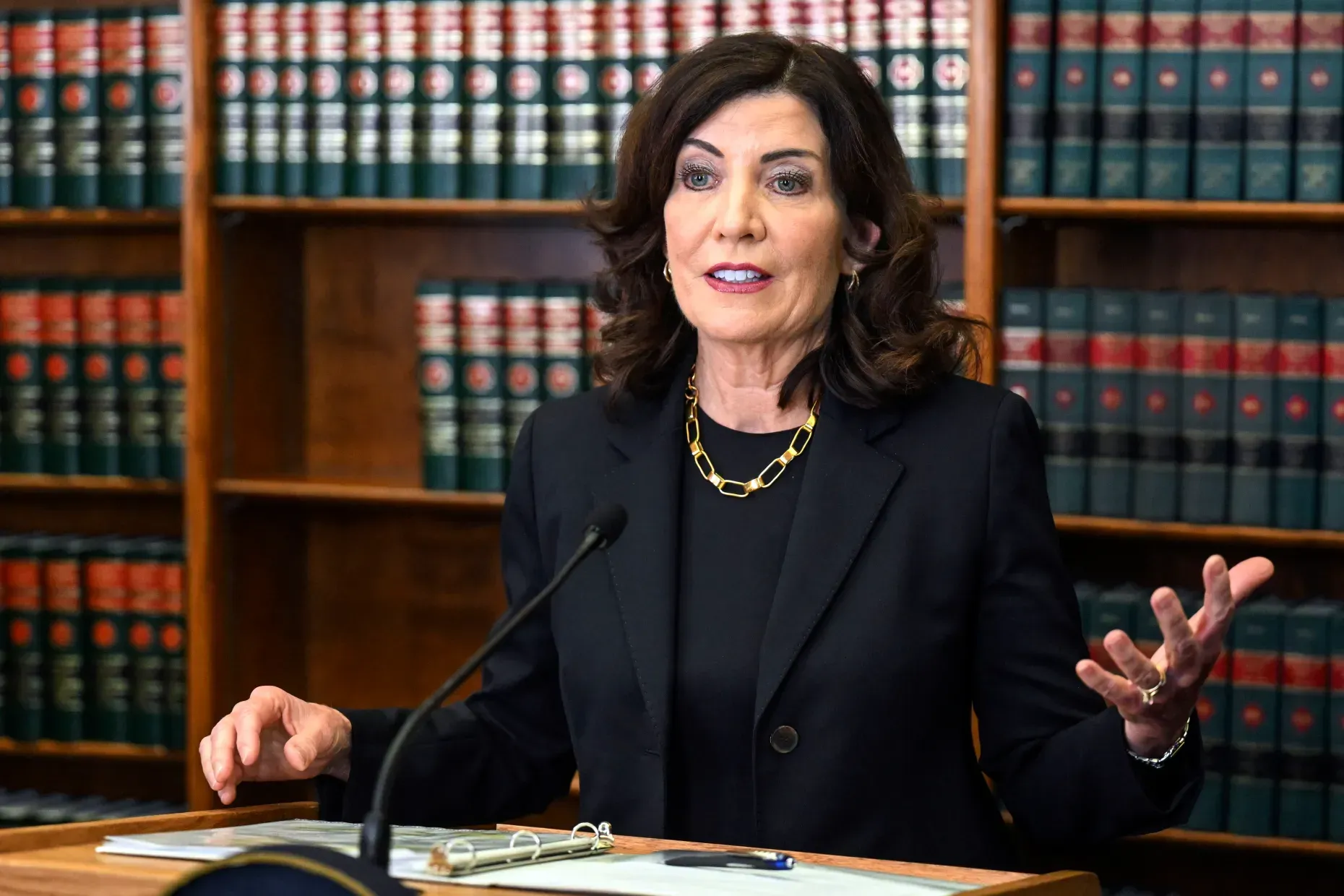 New York Gov. Kathy Hochul speaks to reporters on June 7, 2023, in Albany.