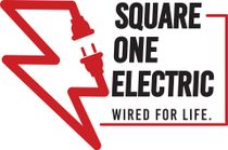 Red lightning bolt with plug and outlet, "Square One Electric" logo, "Wired for Life." tagline.