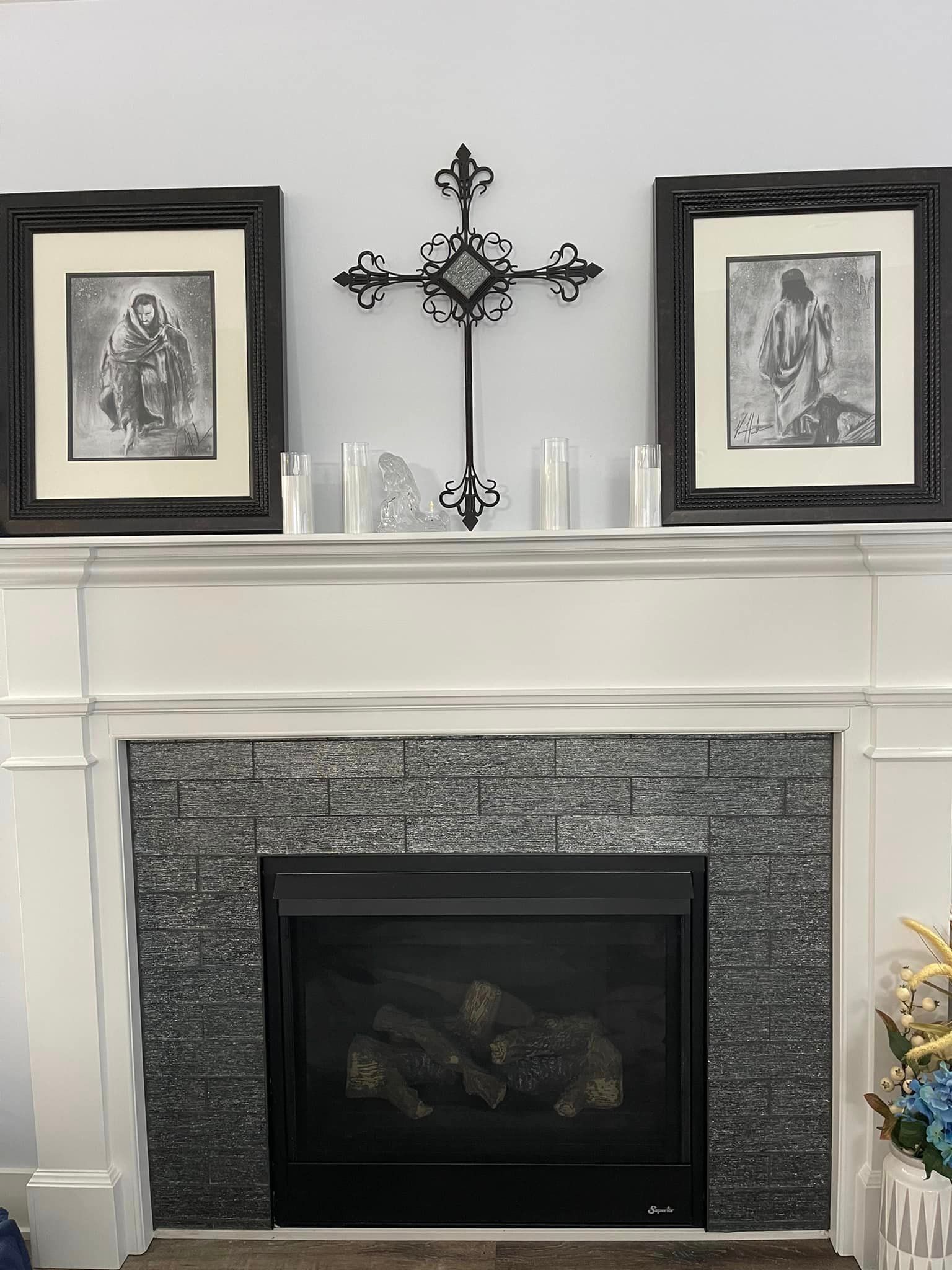 custom tile fireplace surround with matching cross accent, interior renovation services