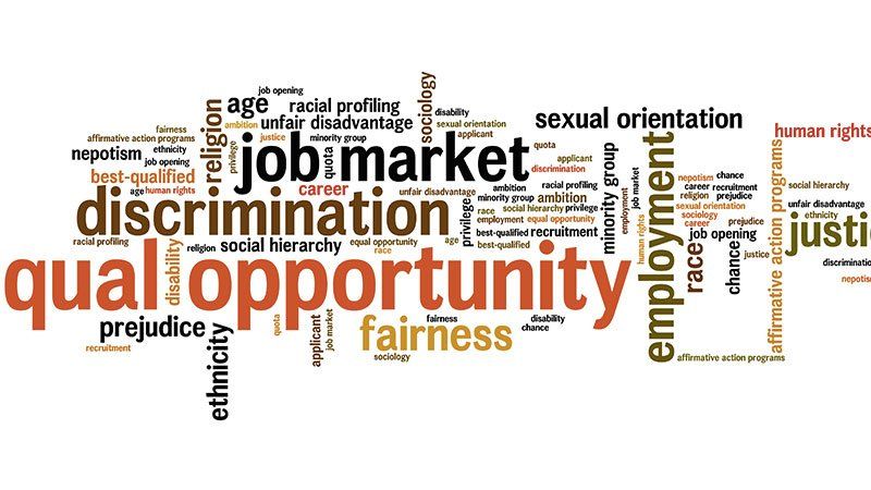 Text cloud with words pertaining to jobs and discrimination