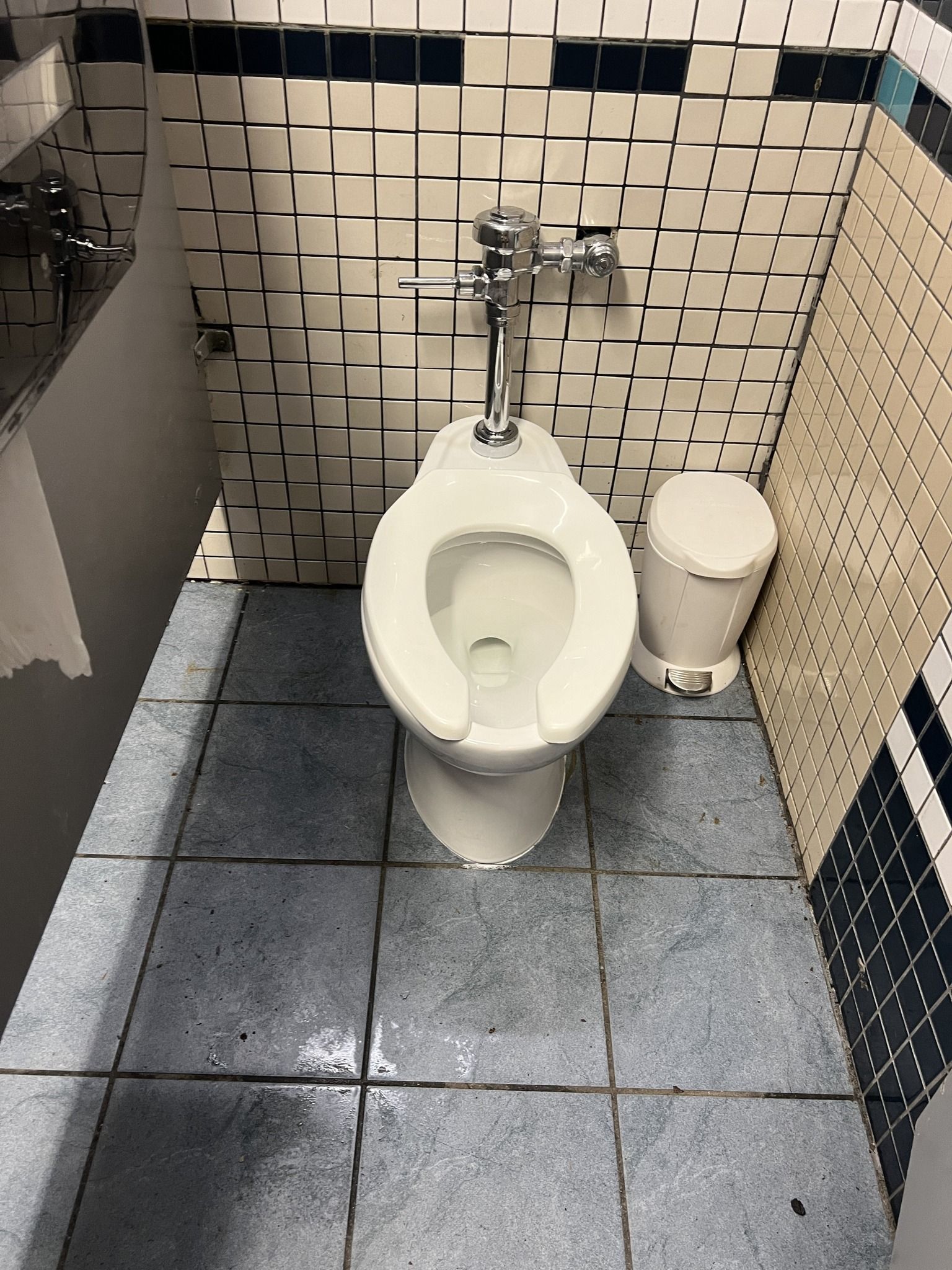 A bathroom with a toilet and a trash can