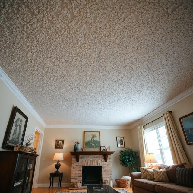 A living room with a fireplace and a couch that showcases the popcorn ceiling