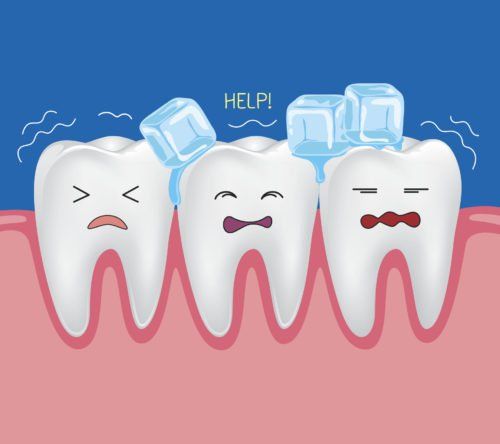 illustration of teeth in pain caused by ice cubes, how to reduce tooth sensitivity blog