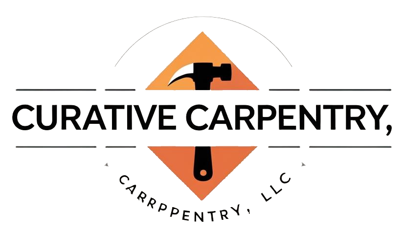 Logo for Curative Carpentry, LLC: Orange diamond with hammer, black text on white background.