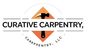 Logo for Curative Carpentry, LLC: Orange diamond with hammer, black text on white background.