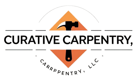 Logo for Curative Carpentry, LLC: Orange diamond with hammer, black text on white background.