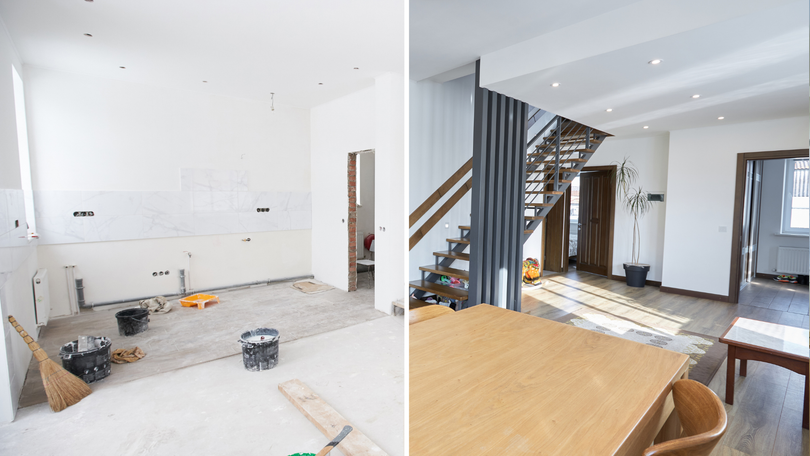 Before and after of a home interior: unfinished kitchen (left) transformed to bright living area with stairs.