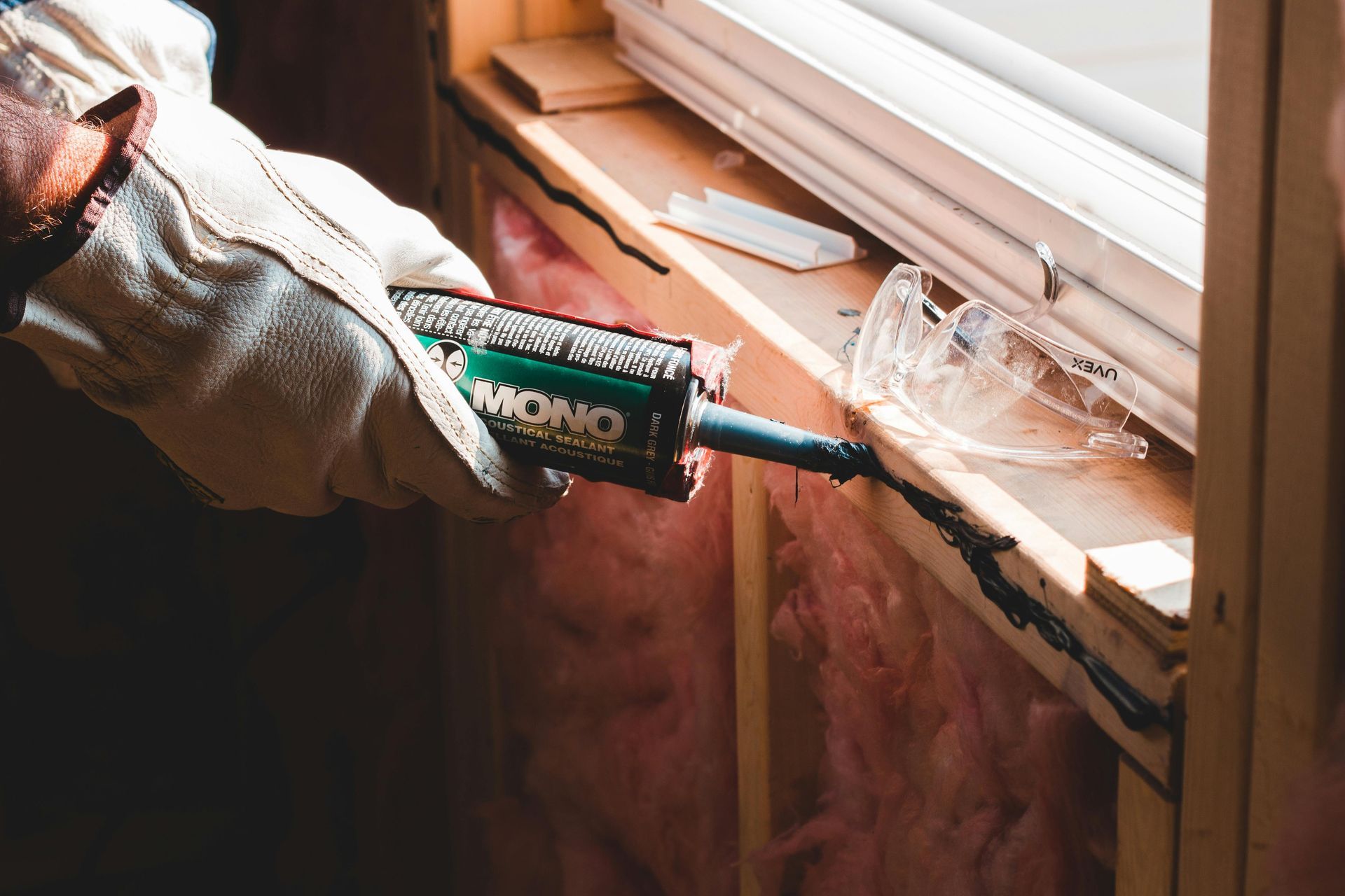 Hand wearing glove, applying sealant around a window frame during construction.