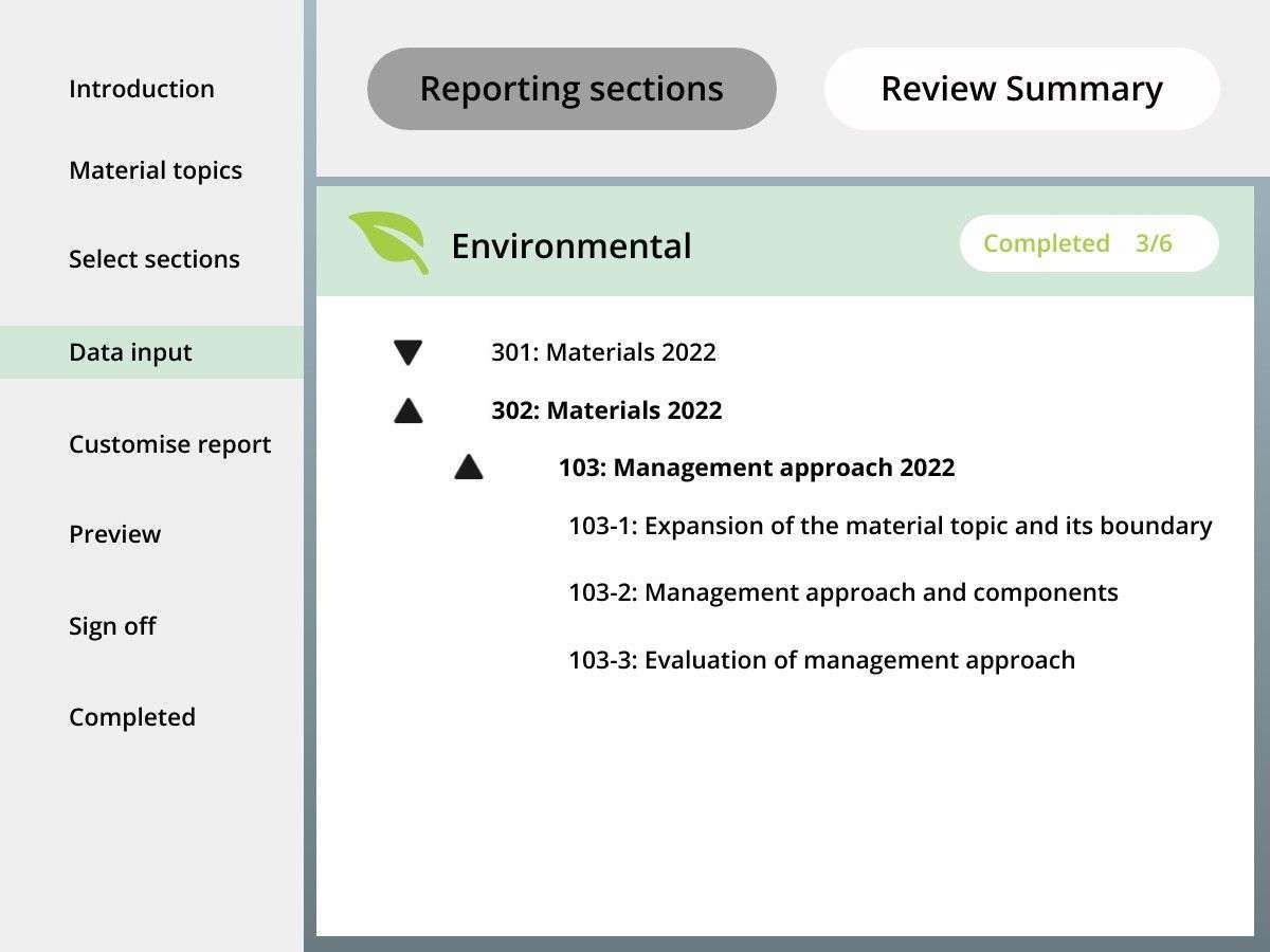 a screen showing the reporting sections of an environmental report