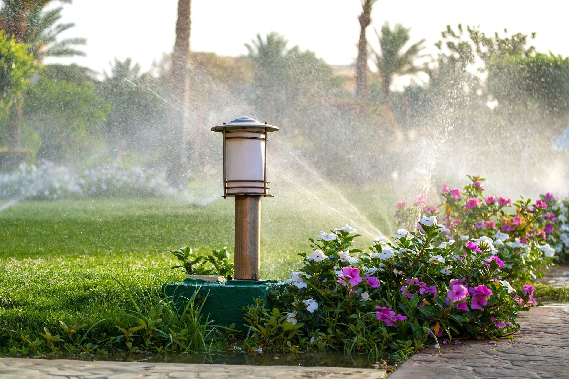 A lamp post is surrounded by flowers and sprinklers in a garden.