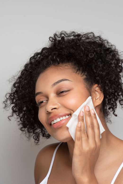 a woman is smiling while cleaning her face with a tissue .