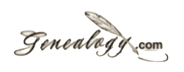 A logo for genealogy.com with a feather on it