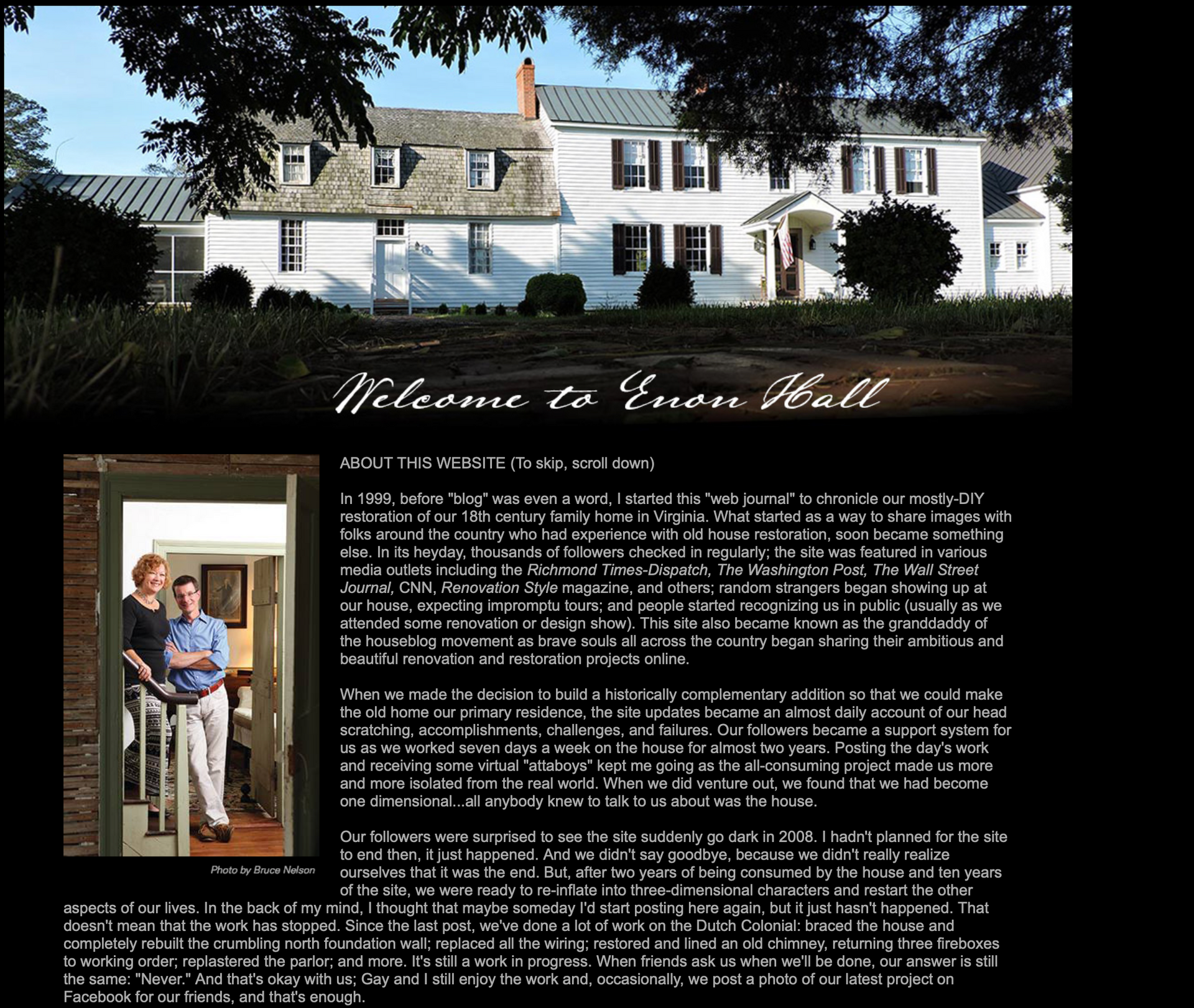 A couple standing in front of a white house with the words welcome to garden hall on the bottom