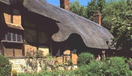 A thatched roofed house is surrounded by trees and bushes.