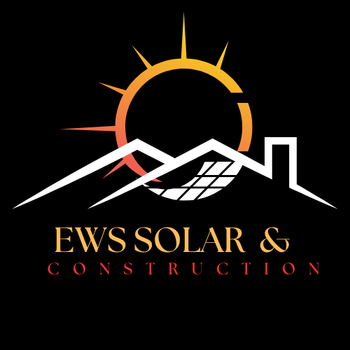 A logo for ews solar and roofing with a sun and a house on a black background.