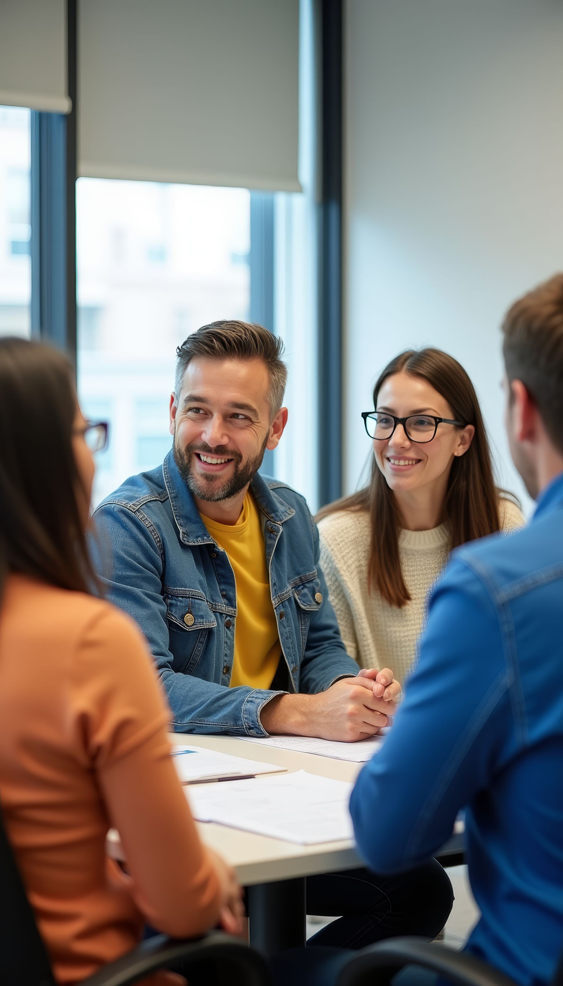 A group of people are sitting around a table having a meeting.