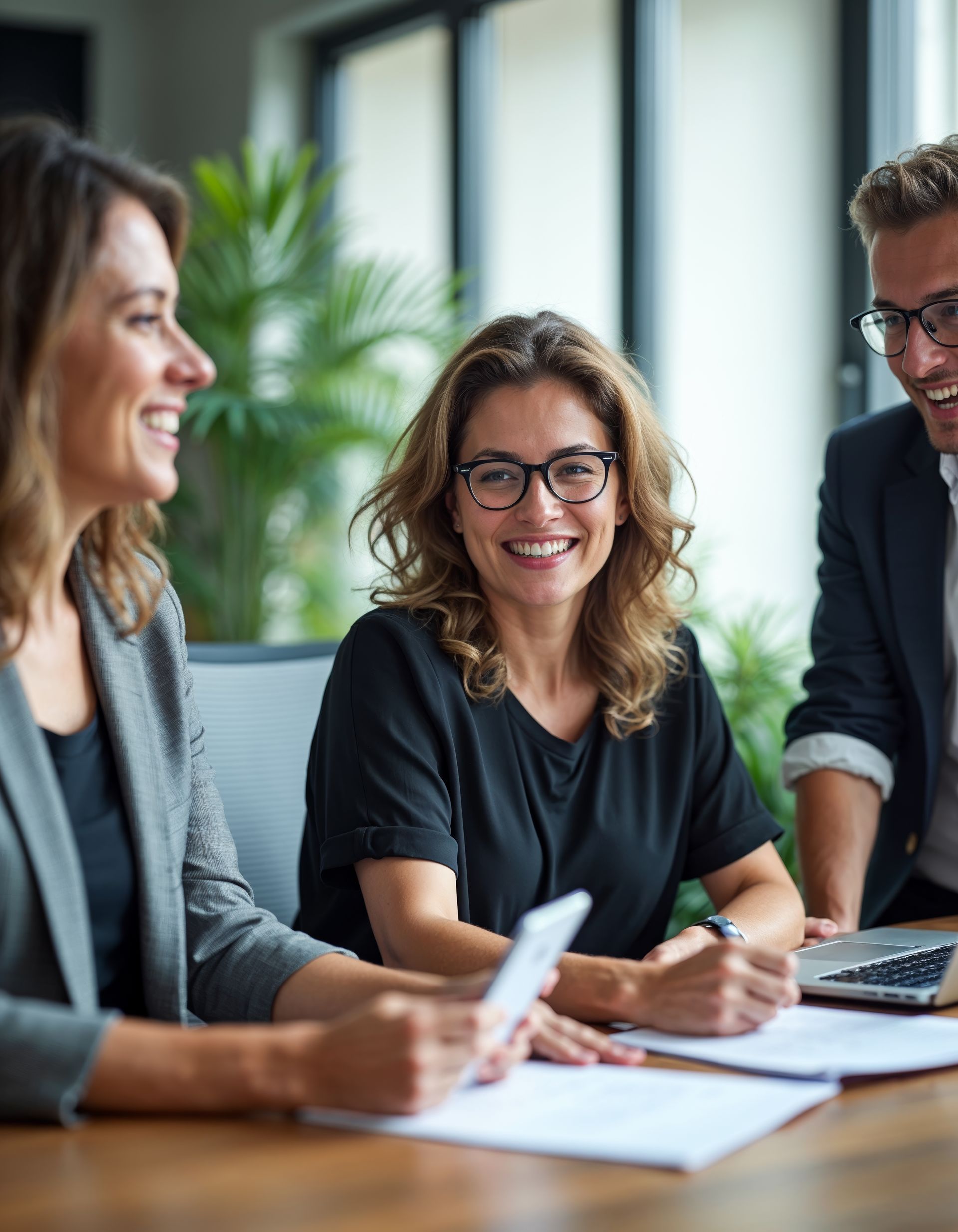 A group of people are sitting at a table with papers and a laptop.