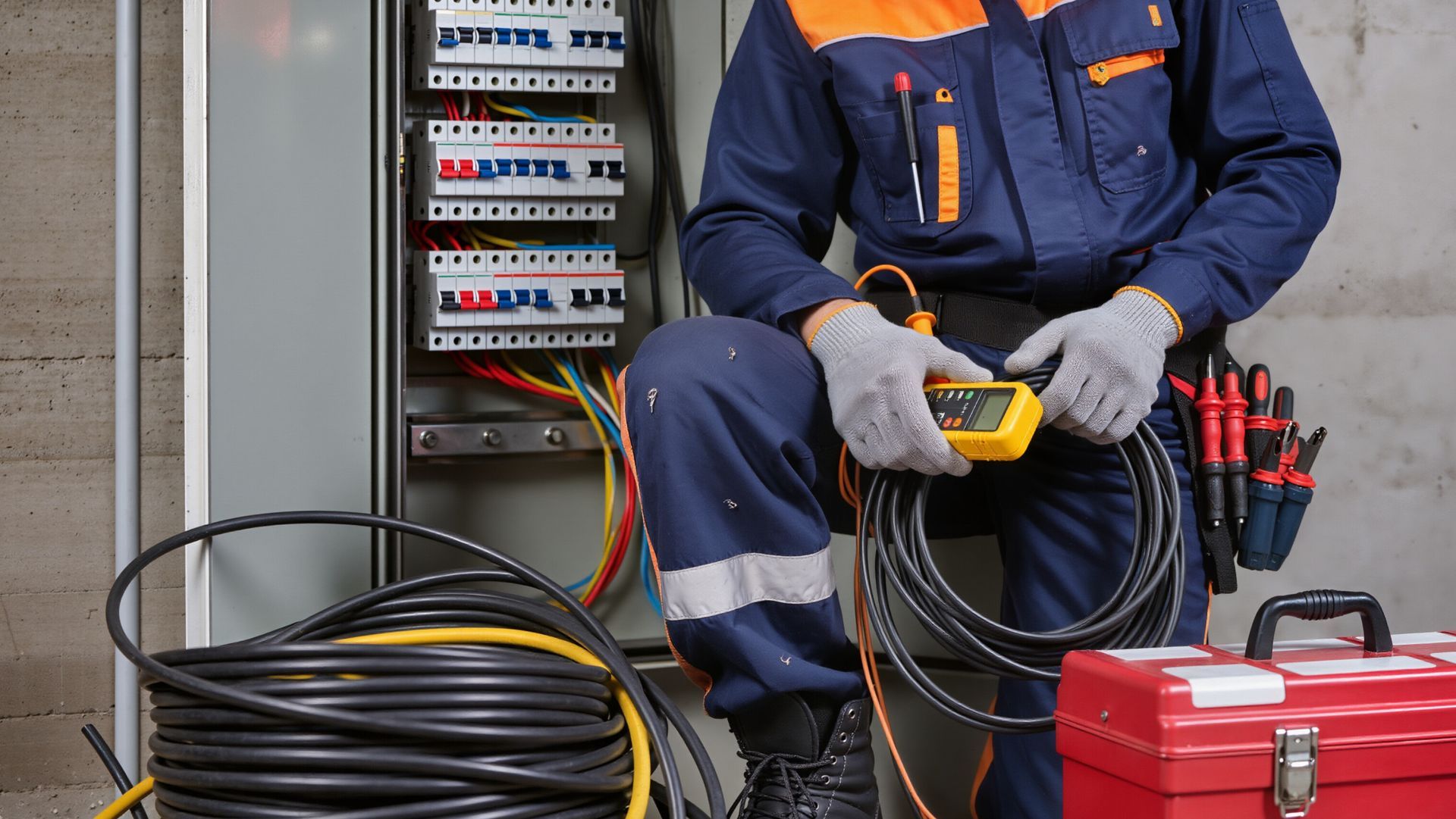 A uniformed electrician from an electrical company at work, in front of a switchboard.