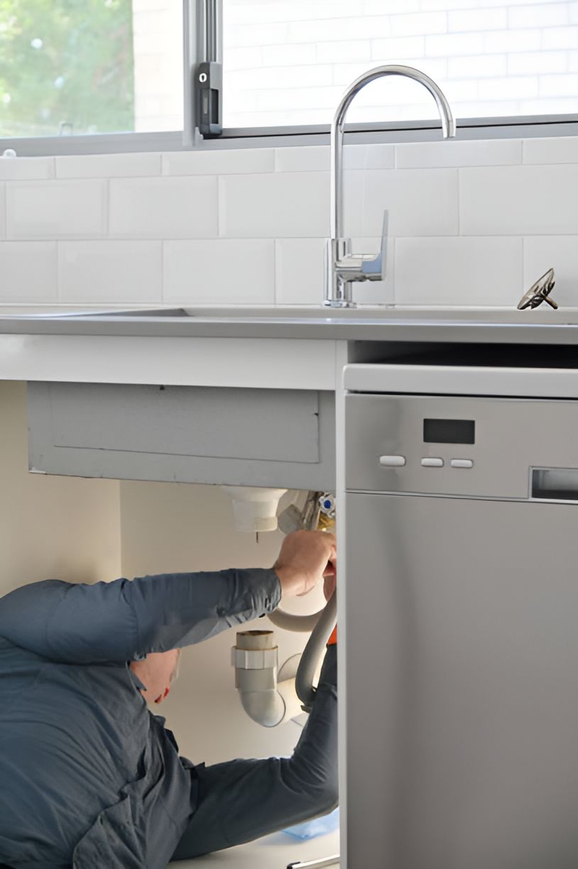 A plumber is fixing a sink in a kitchen.