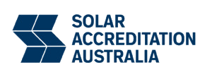 The solar accreditation australia logo is blue and white