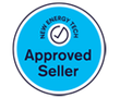 A blue circle with the words `` approved seller '' on it.