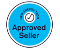 A blue circle with the words `` approved seller '' on it.