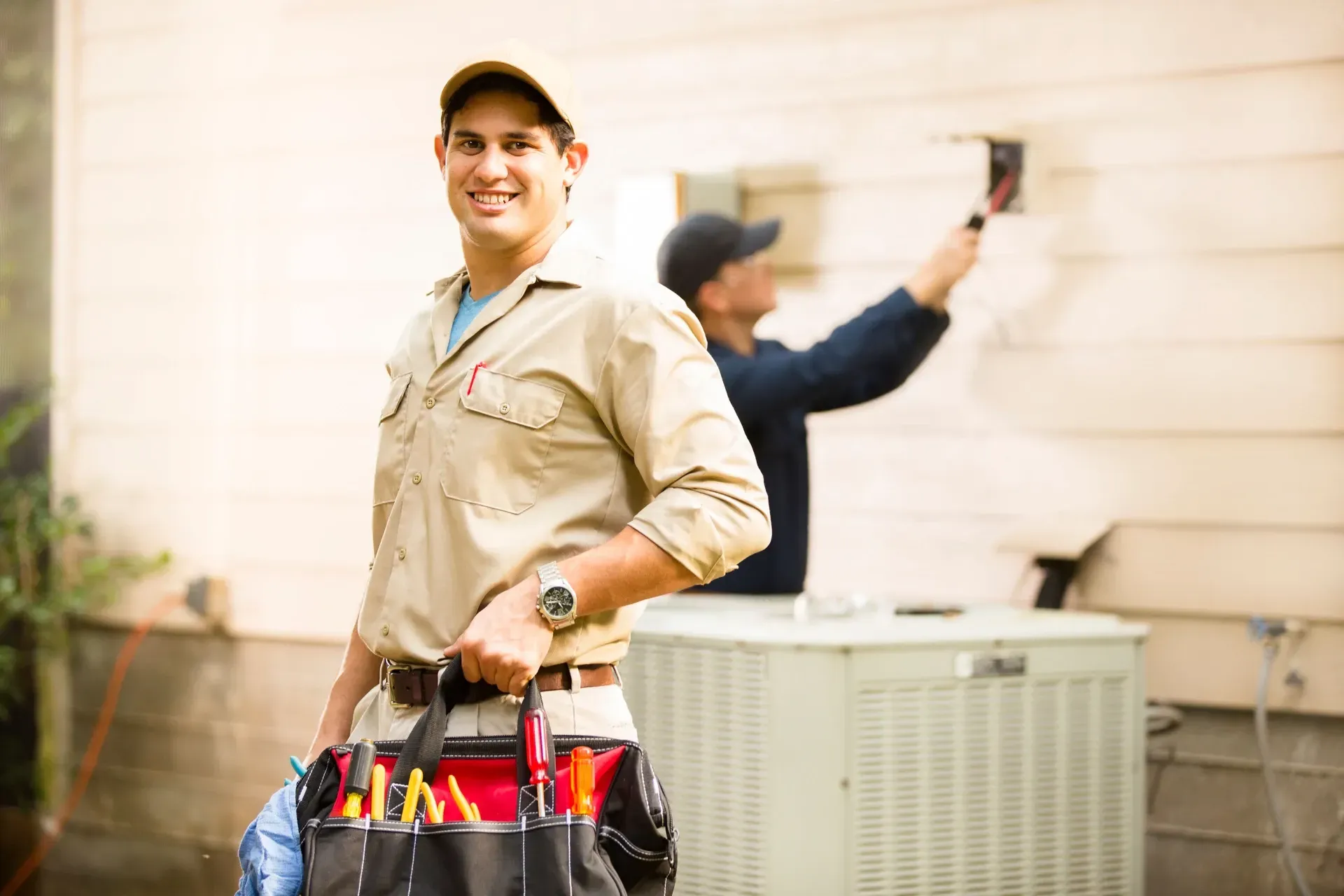 Electrician in a tool belt smiles, standing in front of a house while another worker installs equipment.