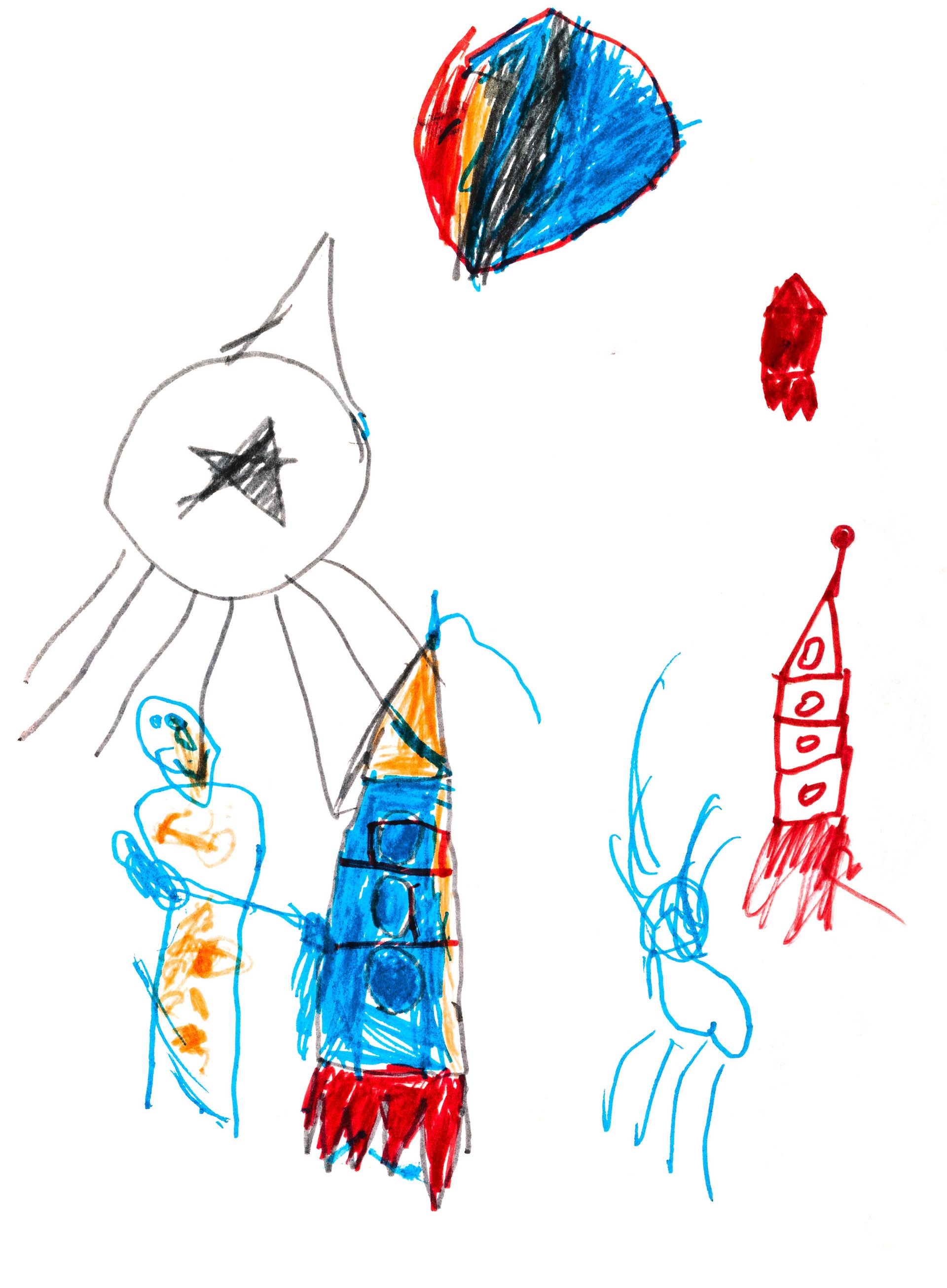 Children's drawing of rocket ships in felt pens