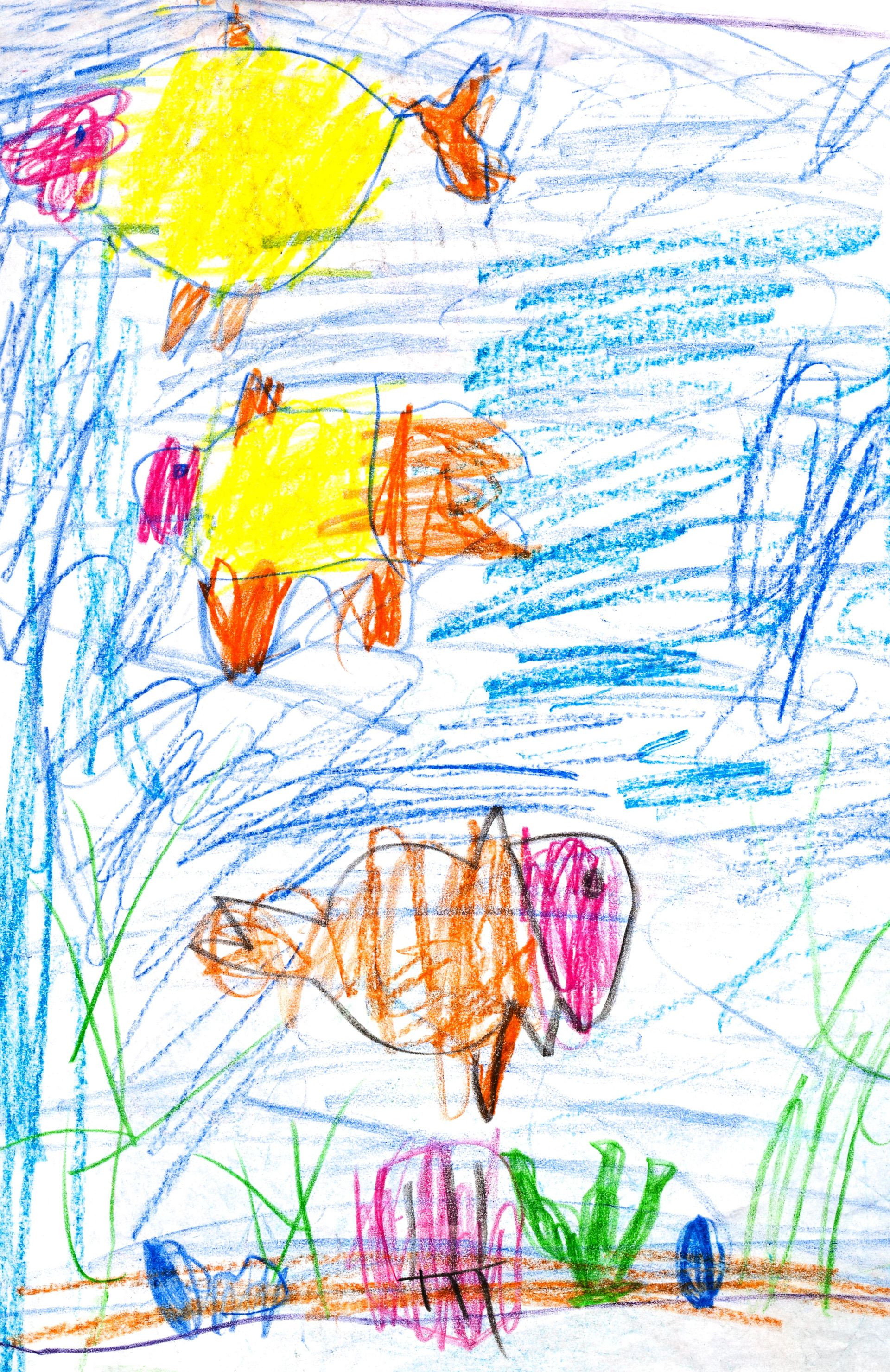 Children's crayon drawing of fish under the sea