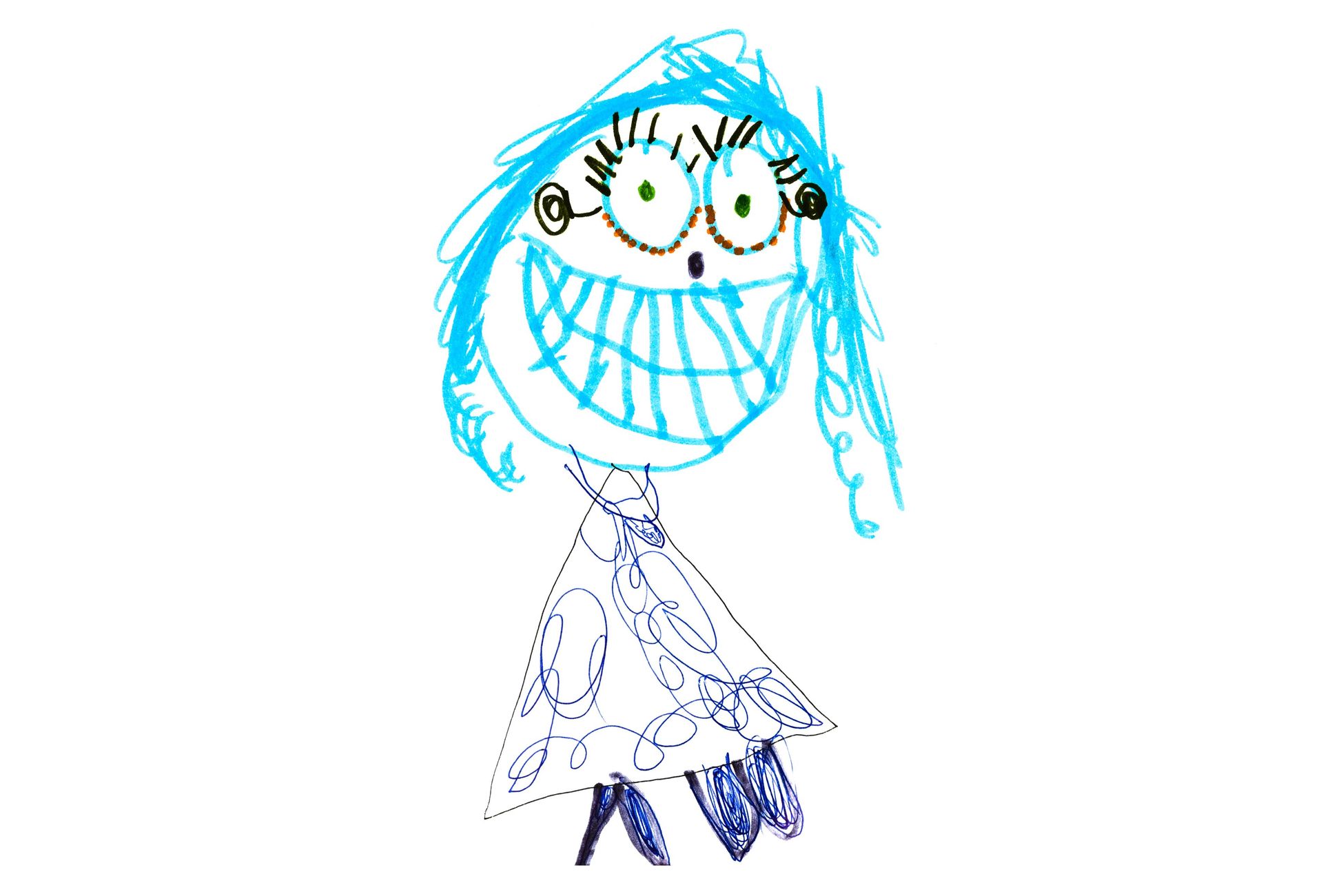 Children's drawing of a girl with blue hair