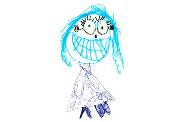 Children's drawing of a girl with blue hair