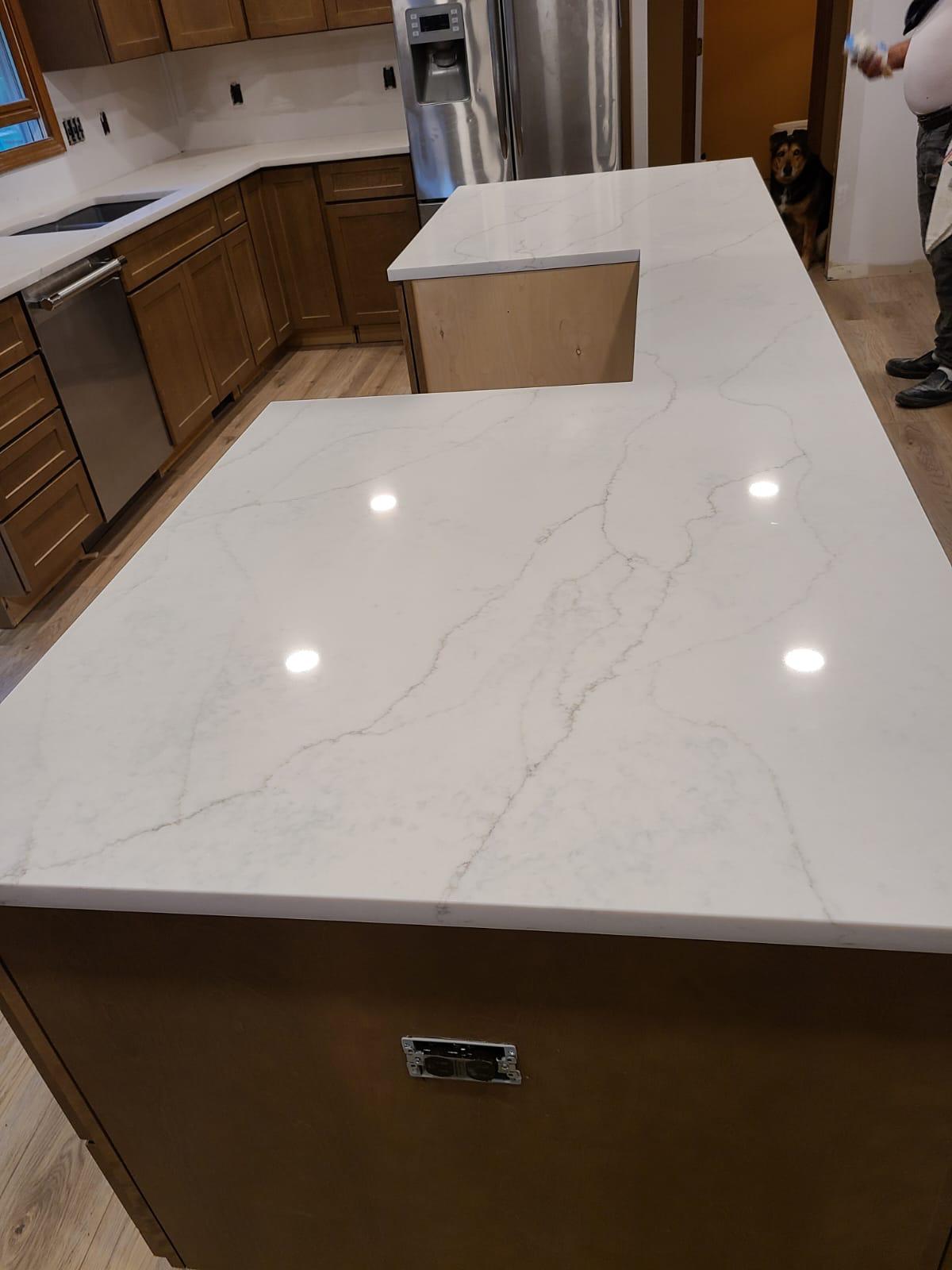 Kitchen with white quartz countertops, wooden cabinets, and a stainless steel dishwasher.